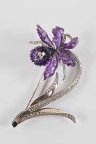 14K white gold carved amethyst and diamond flower form pin. Diamond mounted stem and leaves. Carved