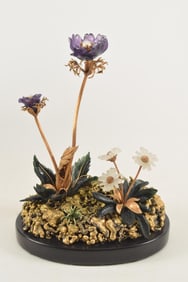 18K gold carved gemstone floral arrangement. Carved amethyst and white stone flower petals with gold