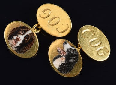 English 10K gold cufflinks with enamel decorated spaniel dogs. Monogrammed COG. Hallmarked on