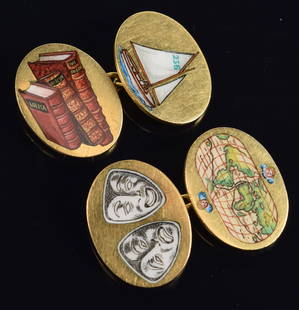 English 18K gold cufflinks with enamel decoration of books, sailboats, theater masks, and a globe.: English 18K gold cufflinks with enamel decoration of books, sailboats, theater masks, and a globe. Hallmarked on reverse and PL maker's mark. 13.2 grams.