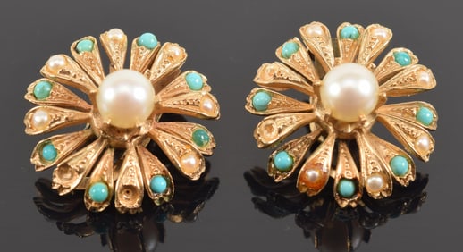 Vintage 14K gold turquoise and pearl flower form earrings. Petals set with alternating pattern of