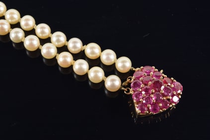 Vintage 14K gold ruby mounted heart clasp pearl bracelet. 3 pearl strands; 1 detached completely, 1