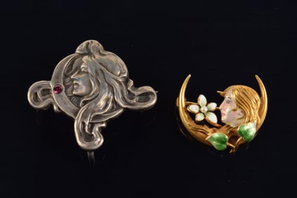 Lot of 2 pins. 1) Unger Brothers art nouveau sterling silver and pink tourmaline mounted pin with