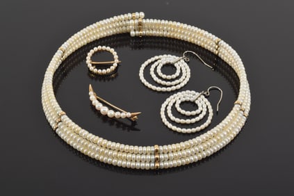 Lot of Edwardian gold and seed pearl jewelry. 1) Choker necklace with gold spacer bands. Adjustable