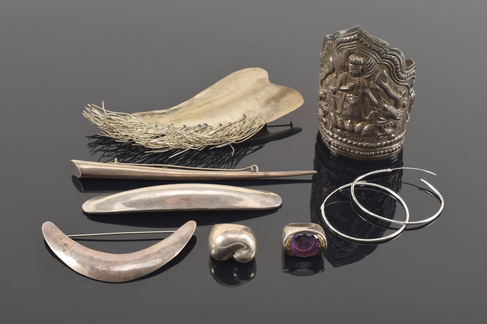 Lot of designer silver jewelry to include: feather form pin, signed; amethyst and gold mounted (1 of 8)