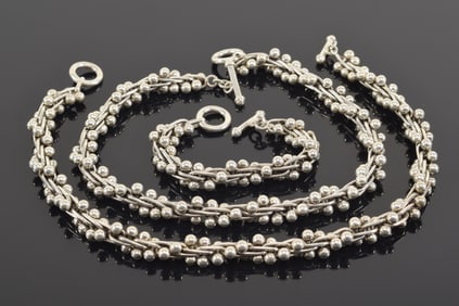 Heavy 950 silver bracelet and necklaces. Bead and helix design. Toggle clasps. Bracelet: 8in length.