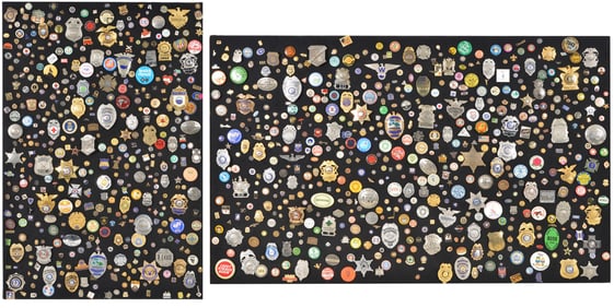 2 boards of pins and badges including some gold. Police and security badges, fraternal pins, award