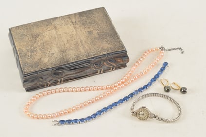 Grouping of jewelry and accessories to include 14K gold case watch, silver blue stone bracelet,