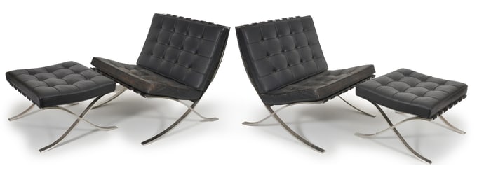 Pair of Mies van der Rohe Barcelona chairs and ottomans with black leather, by Knoll. The pair of