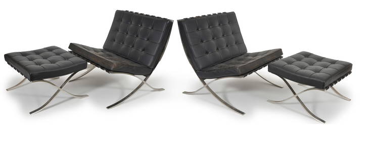 Pair of Mies van der Rohe Barcelona chairs and ottomans with black leather, by Knoll. The pair of (1 of 10)