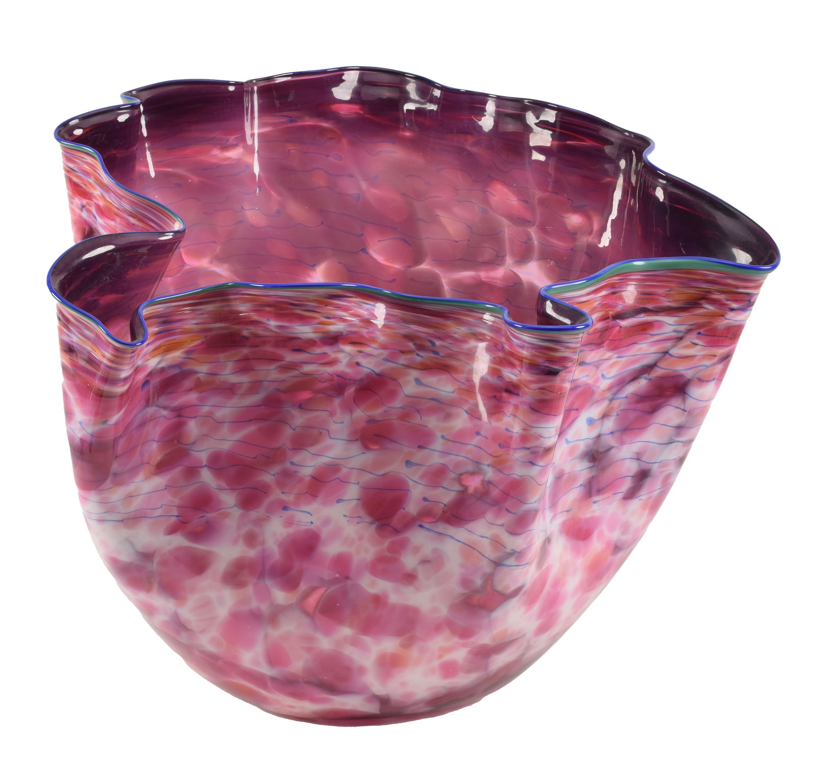 Dale Chihuly large macchia art glass vase. Basket form. Pink, red, blue, green, and light orange (1 of 8)