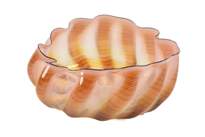 Dale Chihuly Persian Seaform art glass bowl. Pink-brown with yellow tones and black lip wrap. Signed