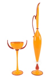 Dante Marioni pairing of blown glass vases. Yellow grounds with red piping and handles. 1) Tall