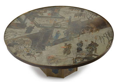 Philip and Kelvin LaVerne "Chan" coffee table. Patinated polychrome bronze. Chinese figures in a (1 of 6)