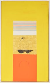 Gautam Vaghela. India. Untitled. Large modernist image with geometric shapes and figure. Oil on