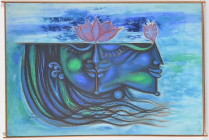 Laxman Pai. India/France. "Blue Lotus". Large surrealist scene with faces and flowers. Oil on
