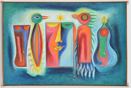 Laxman Pai. India/France. "Human Forms". Large abstract surreal with figures and birds. Oil on