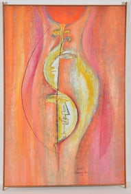 Laxman Pai. India/France. "Curves." Large surrealist image with faces. Oil on canvas. Signed and