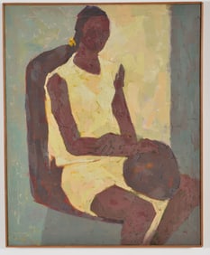 Sumatimohan. India. "Woman sitting." Oil on canvas. Signed and dated '72 lower left. Inscribed on