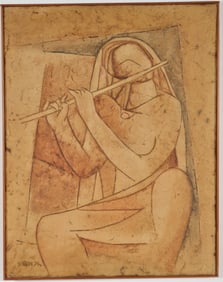Satish Joshi. India. "Flute Player". Oil on canvas. Signed and dated '74 lower left. Inscribed on