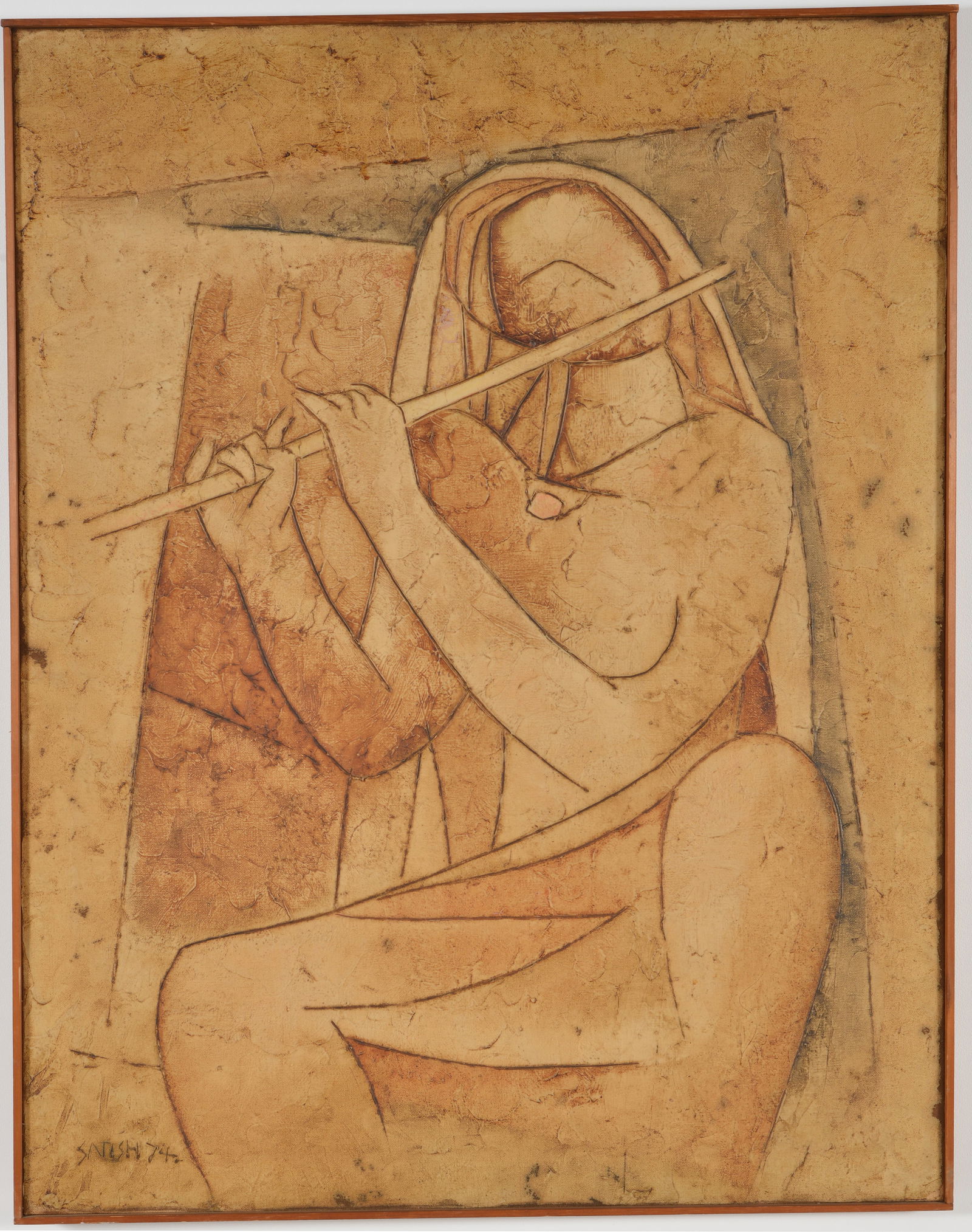 Satish Joshi. India. "Flute Player". Oil on canvas. Signed and dated '74 lower left. Inscribed on (1 of 9)