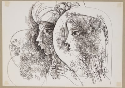 Bhagwan Kapoor. India. "Newly Wedded". Ink drawing of a man and woman in wedding attire with