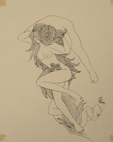 Bhagwan Kapoor. India. "Lovers". Surrealist erotic ink sketch of nude figures. Signed and dated 1972