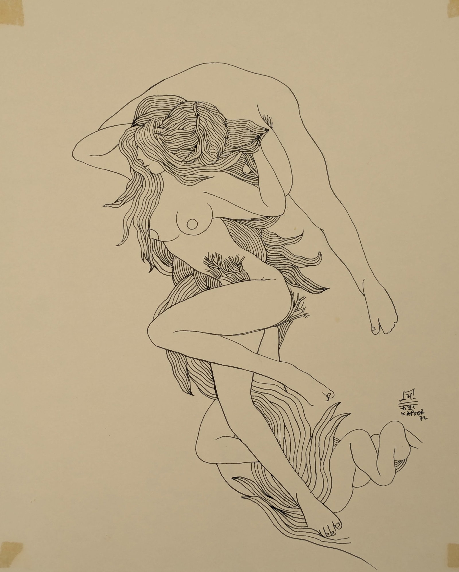 Bhagwan Kapoor. India. "Lovers". Surrealist erotic ink sketch of nude figures. Signed and dated 1972: Bhagwan Kapoor. India. "Lovers". Surrealist erotic ink sketch of nude figures. Signed and dated 1972 lower right. Image: 13.25 x 11in. Overall: 17 x 14.25in. Acquired from Gallerie Taj Caribe, New Yor