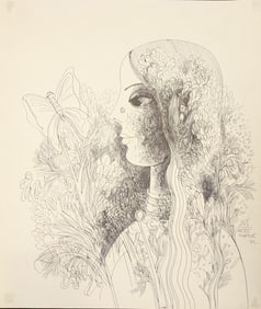 Bhagwan Kapoor. India. "Girl with Garden". Ink sketch on paper. Signed and dated 1972 lower right.