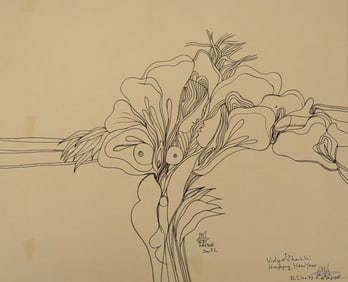 Bhagwan Kapoor. India. Surrealist ink drawing. Signed and dated Dec. 1972 lower center. Inscribed
