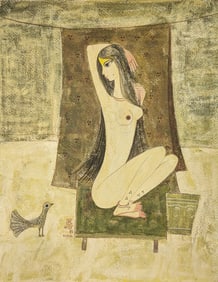 Bhagwan Kapoor. India. Nude woman in an interior with bird. Mixed media on paper on board. Signed