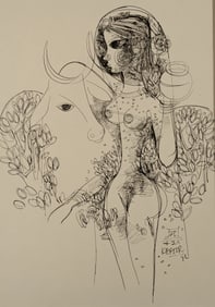 Bhagwan Kapoor. India. Ink sketch of a female nude with a bull surrounded by flowers. Signed lower