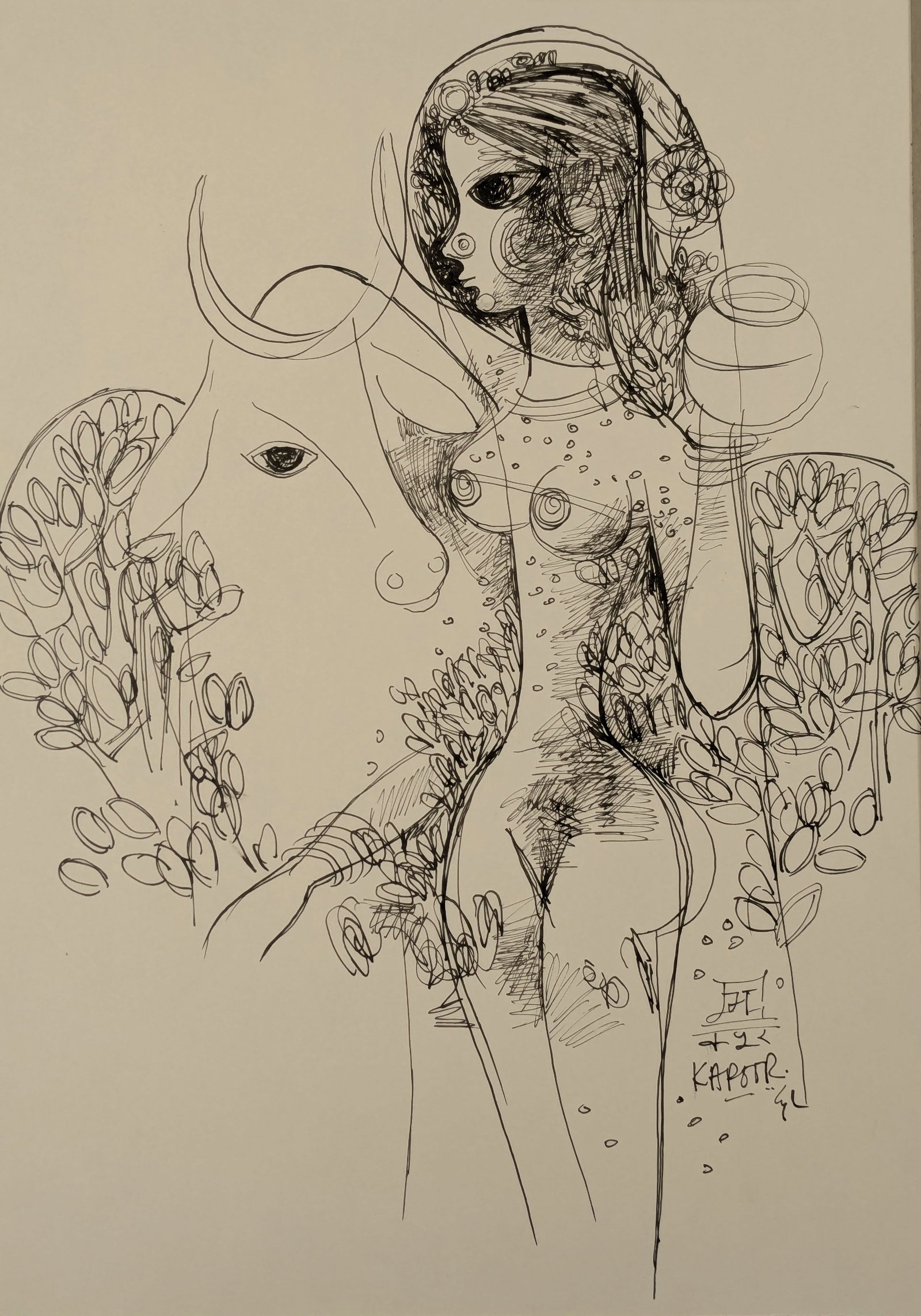Bhagwan Kapoor. India. Ink sketch of a female nude with a bull surrounded by flowers. Signed lower: Bhagwan Kapoor. India. Ink sketch of a female nude with a bull surrounded by flowers. Signed lower right. Image: 16 x 11.25in. Overall: 20 x 15in. Acquired from Gallerie Taj Caribe, New York. Thence b