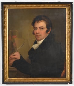 Thomas Sully. 1807 portrait of George Gibson Pierce. Seated man at a desk with books and quill pin.