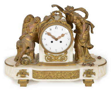 Tiffany & Co. French gilt bronze and white marble shelf clock with figural decorations of Venus and: Tiffany & Co. French gilt bronze and white marble shelf clock with figural decorations of Venus and Cupid. Enamel dial with time and strike movement. Damage to dial. Height 16, width 21, depth 8 in.