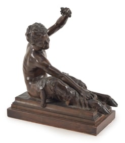 Auguste Edme Suchetet. French. Bronze figure of a seated bacchant satyr holding grapes. Thibault
