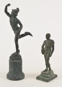 2 19th/20th century grand tour ancient classical bronzes. Mercury and Apollo. Mercury with break on