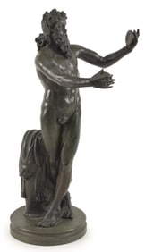 19th century bronze sculpture of standing figure blowing horns. Brown patina. Impressed AD mark