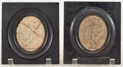 2 ancient Greek plaques with relief figural decoration. 19th century tin frames. Inscriptions in