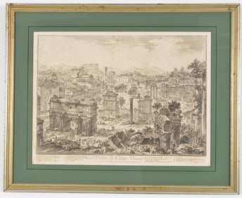 Giovanni B. Piranesi 18th century etching "Veduta di Camp Vaccino". View of the Forum Romanum.