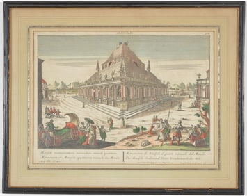Georg Balthasar Probst 18th century hand colored engraving of the Mausoleum at Halicarnassus, one of