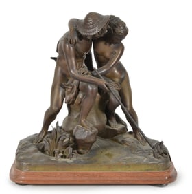 19th century Italian? grand tour bronze depicting Daphnis and Chloe allegory repelling a snake. Worn