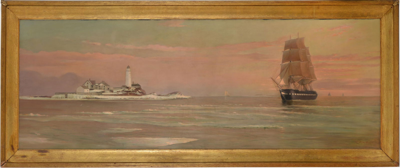 Charles Drew Cahoon. Massachusetts. Panoramic view of Boston Light with USS Constitution entering: Charles Drew Cahoon. Massachusetts. Panoramic view of Boston Light with USS Constitution entering harbor with sunlit clouds in winter. Signed lower right. Oil on canvas. Framed. Relined. Image size 28