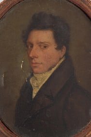 Early 19th Century miniature portrait of gentleman on paper. Finely rendered image of a young man in