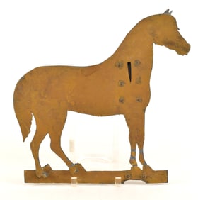 19th century American folk art horse weathervane in mustard yellow paint. 3 of 4 feet detached from