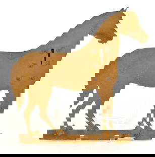 19th century American folk art horse weathervane in mustard yellow paint. 3 of 4 feet detached from: 19th century American folk art horse weathervane in mustard yellow paint. 3 of 4 feet detached from base. 15 x 15.5in.