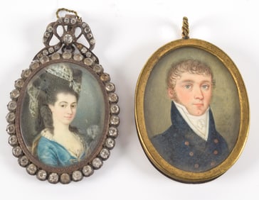 2 Early 19th Century miniature portraits, on French image of woman in decorated frame and inscribed