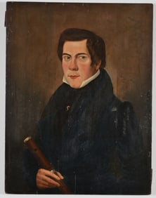 Early 19th century American folk art portrait of a ship's captain holding a telescope. Oil on wood