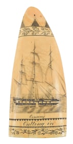 19th century scrimshaw tooth attributed to the Banknote Engraver. Fine quality decoration. Front