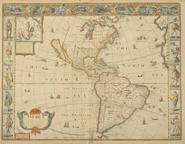John Speed. "America". 1626 hand colored map of North and South America. Top border with views of